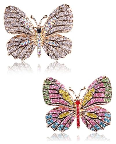 KEMUZ Broche Papillon Femme en Cristal - 2 Pièces Broches Élégantes avec Strass Blancs et Colorés - Bijoux pour Robe, Manteau, Mariage, Noël, Cadeau Chic
