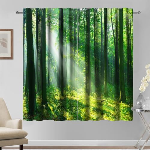 Kzzfqxb 107x215cm Vorhänge 2 Paneele, Ländliche Landschaft Grüner Wald Helle Sonnenstrahlen Durch die Bäume bis hin zu Gräsern, Frische Natur Dekor für Wohnzimmer Schlafzimmer