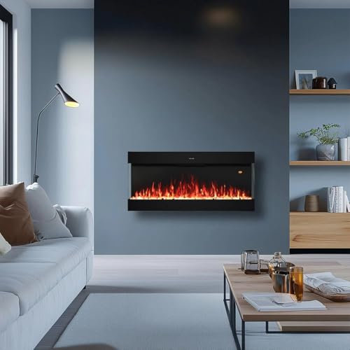 Omni-burn 106 cm 3 Side Electric Fireplace Insert Wall Mounted and Recessed,13 Flame and Fule Colour Options, 6 Fuel Bed Brightness Levels, 5 Flame Speeds, 750/1500W, 9H Timer