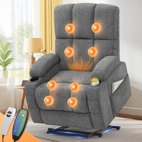 sisolos Lift Chair for elderly, Recliner Armchair with Massage and Heating, Comfy Rise Recliner with Extended Footrest,Type C+USB, 2 Cup Holders & 4 Sides Pockets, Padded Armrest & Cushion