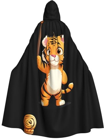 WHJDPP Little tiger holding a staff Printed Halloween Adult Hooded Cape Cloak with Bow Tie for Costume Parties, Cosplay