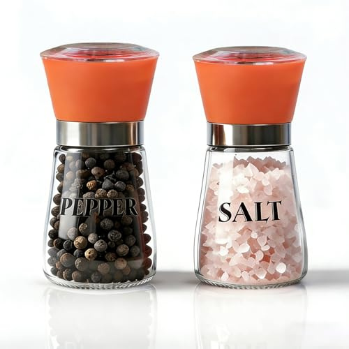 Salt and Pepper Grinder Set of 2 - Refillable Mills & Shakers with Adjustable Coarseness, Easy Clean for Kitchen, Restaurant & Outdoor (Orange)