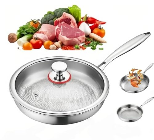 Kuisoe 26/28/30 Zentimeter beschichtungsfreie Titanpfanne Physikalische Antihaft Hammerstruktur Bratpfanne Universal für alle Herdtypen Mit Deckel-Set (Mit Deckel,26CM)