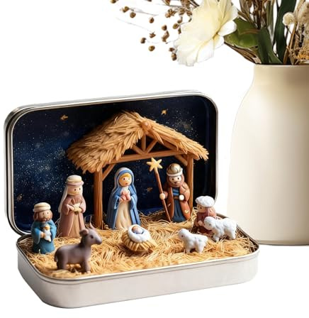 Weihnachtskrippe in Metalldose – Mini Deko-Set, Figuren der Heiligen Familie, Jesus-Box, christliche Weihnachtsdekoration, Krippenspiel, Reisekrippe, klein neu | Für die