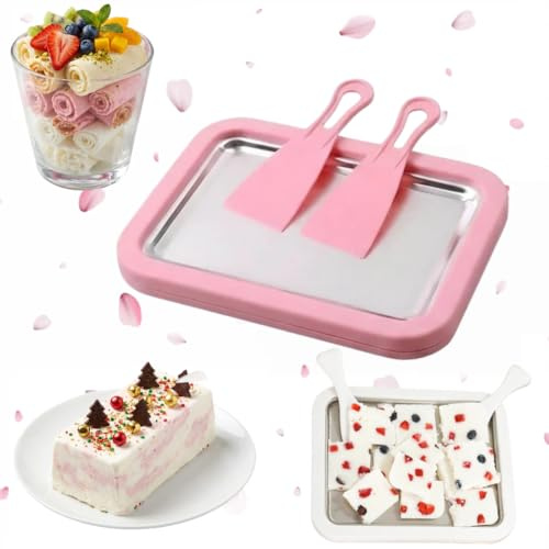 2026 Upgraded Rolled Ice Cream Maker Kit – Food-Grade Stainless Steel Tray with 2 Scrapers, Portable DIY Ice Cream Maker for Home, Family & Parties-green (pink)