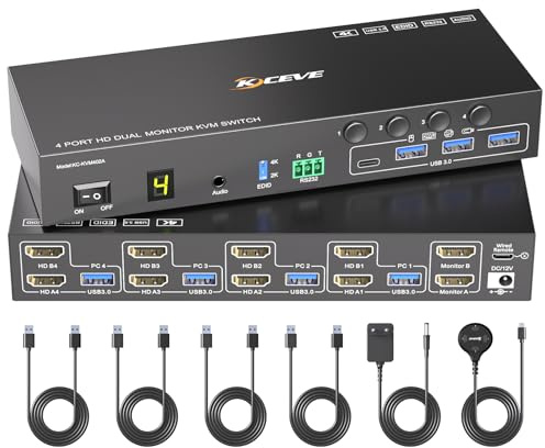 4 Puertos HDMI KVM Switch 4 PC 2 Monitores 4K@60Hz Simulación EDID,Dual Monitor KVM Switch con 4 Puertos USB 3.0 para Periféricos USB, Audio, RS232, Controlador de Escritorio y 4 Cables USB