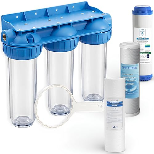 Depuratore Sistema Filtro Filtrazione Acqua 3 Stadi Cartucce 10 Pollici Filtri Sedimenti e Carboni Attivi, 254mm per impanti idrici domestici (1/2 (20,67mm))