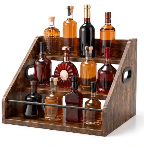 NONETO Wooden 3 Tier Retro Free Standing Wine Rack for Display | Liquor Bottle Display Shelf for Home Bar, Wine Racks for Cupboard, Wine Bottle Storage Countertop for Mini Bar and Kitchen