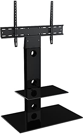 MAHARA Universal Column TV Stand - for 32-65 inch TVs-Freestanding black tall floor stand with black glass shelves and cable management-Height adjustable and suitable for corners-Max Weight 40kg