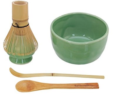 BambooMN Brand - Matcha Bowl Set (Includes Bowl, Rest,Tea Whisk, Chasaku, Tea Spoon) 1 Set Soft Light Green
