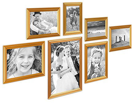 PHOTOLINI 7er Bilderrahmen-Set Gold Barock Antik aus Kunststoff inklusive Zubehör/Bildergalerie/Foto-Collage