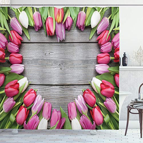 ABAKUHAUS Bunt Duschvorhang, Rahmen von frischen Tulpen, Stoffliches Gewebe Badezimmerdekorationsset mit Haken, 175 x 240 cm, Umbrabraun Grün Rosa
