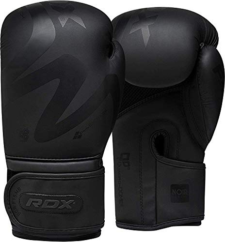 RDX Boxhandschuhe Männer Damen, Muay Thai Sparring Kickboxen, Convex Skin Leder Boxing Gloves, Boxsack Sandsack Punchinghandschuhe, MMA Kampfsport Training Kickboxhandschuhe, Schwarz Adult