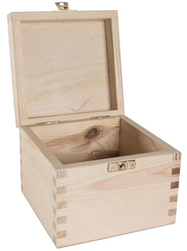 WooDeeDoo Large Square Wooden Box with Clasp and Hinged Lid – 13 x 13 x 10.5 cm – Pine Keepsake Storage Cube for Jewellery Gifts Crafts DIY Personalised Decoration Home Organisation Projects