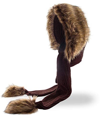 Futrzane Classic Kapuzenschal - Winter Schalmütze Damen - Mützenschal mit Fell (Braun - Bronze Classic)