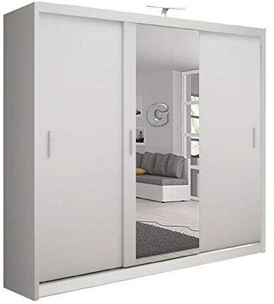 Player Modern Munich Double Full Mirror sliding door wardrobe with LED Light Width 250cm Height 216cm Depth 62cm(White,Black,Grey) (White)