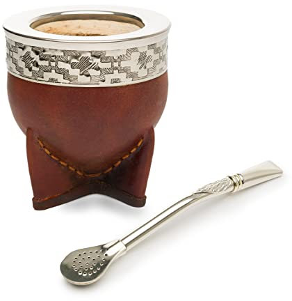 Imperial Premium - Grabado hecho a mano en piel con Alpaca Yerba Mate Calabaza con Bombilla de Alpaca (pajita Alpaca Yerba Mate de Alpaca) Lo mejor del Mundo