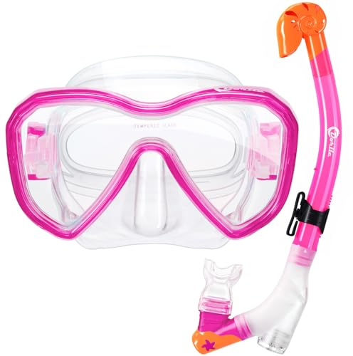 Dorlle Kinder Schnorchelset Tauchset Schnorchelmaske mit 3-Kanal Premium Dry Schnorchel und Anti-Leck Anti-Fog Taucherbrille Professionelle Schnorchel Set für Kinder,Rosa