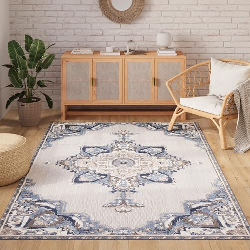 TAPISO Patio Teppich Outdoor Indoor Grau Blau Creme Ornament Muster Sisal Wasserfest Wetterfest UV-Beständig Wohnzimmer Terrasse ÖKO-TEX 200 x 300 cm