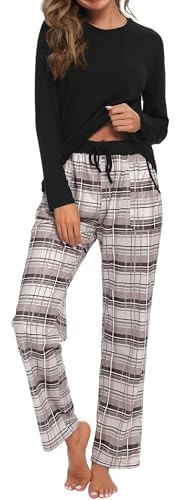 Uniexcosm Womens Cotton Pyjamas Set Long Sleeve Top Checked Trousers DB S
