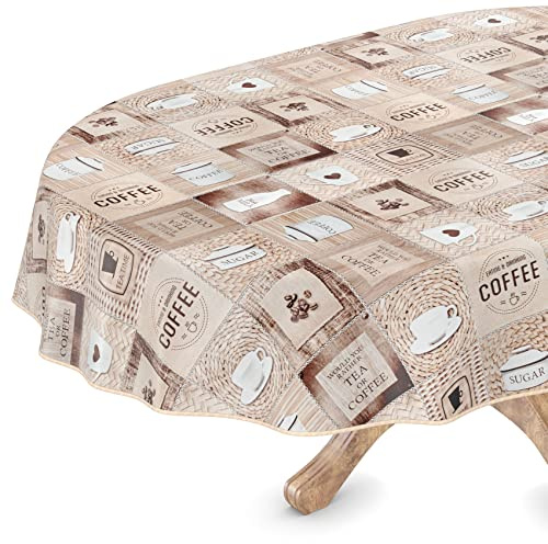 ANRO Tischdecke abwaschbar Wachstuch Wachstuchtischdecke Oval 140 x 220cm mit Saum Kaffee Coffee pflegeleicht Wachstischdecke wasserabweisend Gartentischdecke Meterware Lotuseffekt