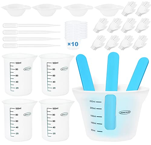 Silikon-Messbecher für Epoxidharz, JANCHUN Harzzubehör mit 250 und 100 ml Silikonbechern, Silikon-Rührstäben, Epoxidmischer, Farbbecher, Formen, Schmuckherstellung
