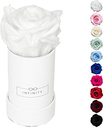 Infinity Flowerbox - 1 echte Infinity Rosen (3 Jahre haltbar ohne Wasser) - Direkt mit Geschenkverpackung geliefert I Handgefertigt in Berlin I Geschenk für Frauen (Weiße Rose in weißer Box)