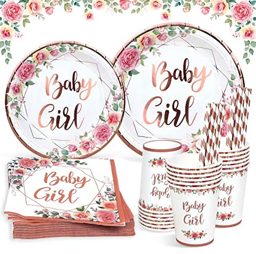 Babyparty Deko Mädchen Pappteller Set,125 Stück Girl Baby Shower RoseGold Teller Pappbecher Servietten Strohhalme Partygeschirr