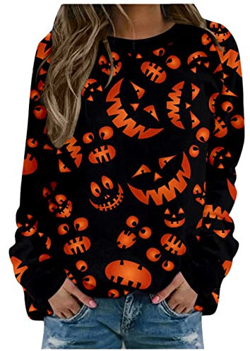 Optusly Womens Halloween Print Sweatshirt Lustiger Druck O Hals Mode-Sweatshirt Multi-Stil Neuestes Top-Sweatshirt Freizeit 2022 Herbst Und Winter Lockerer Pullover