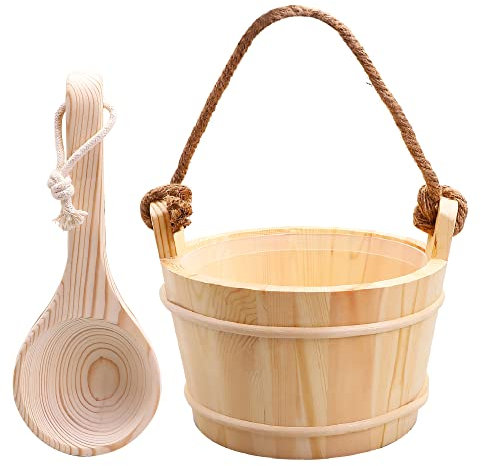 KAKUNM Cubo y cucharón de sauna de 5 litros (1,3 galones), cubo de sauna, accesorios de spa de madera de pino finlandés con cubo de agua de sauna hecho a mano, forro de plástico y mango de cuerda