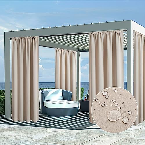 MRTREES Rideau pour Pergola Extérieur Impermeable - Rideaux Occultant Thermiques Anti Chaleur Anti UV Passe Tringle pour Kiosque de Jardin Terrasse Baraque de Plage,140×225 CM, Beige, Lot de 2