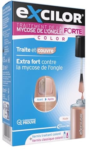 EXCILOR - Forte Color - Trattamento della micosi dell'unghia - Tratta e copre - Trattamento 30 ml + Smalto cosmetico per unghie da 8 ml - Clinicamente provato* - Nude