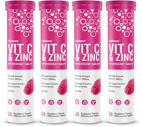 Vitamin C 1000mg & Zinc 15mg Raspberry Flavour Effervescent Tablets - High Strength Tablets for a Healthy Immune System (4 Tubes)