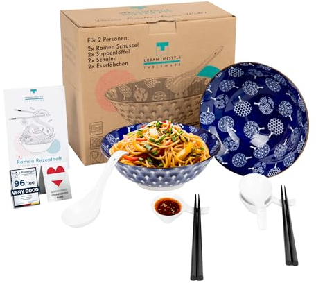 Ramen Schüssel Dinner Set 2 Personen aus Porzellan 20cm Füllmenge 0,8-1 L Suppenschale Salatschüssel Pho Suppe Schüssel Bowl Ramen Nudeln Müslischalen Pho Suppe Bowl Schüssel (Uchiwa)