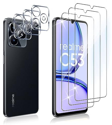 Dabuu 3 Piezas Protector de Pantalla para Realme C53 + 3 Piezas Protector de Lente de Cámara, 9H Dureza, Anti-Arañazos, HD Vidrio Templado, Cristal Templado - Transparente