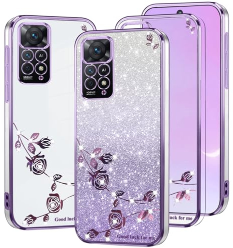 Kainevy Handyhülle für Xiaomi Redmi Note 11 Pro 5G Hülle Glitzer Durchsichtig Luxus für Mädchen, Stoßfest Weich Silikon Bling Transparent Schutzhülle mit Kristall Blumen Klar Case (Lila)