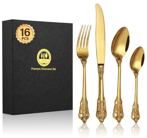 BEWOS 16 Piece Gold Palace Cutlery Set, Premium Stainless Steel Cutlery, Embossed Design Handles, Family and Banquet Knife and Fork Sets, Stunning Polished & Gift Wrapped, Dishwasher Safe