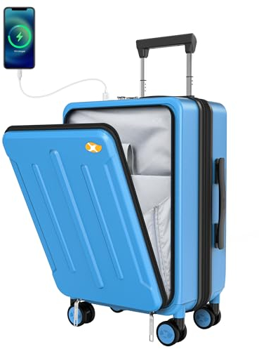 MGOB Koffer Handgepäck Trolleys Polycarbonat Reisekoffer Erweiterbar mit Vordertasche Hartschalen Leicht mit TSA USB und Externer Teleskopgriff,55x36x24cm(Blau)