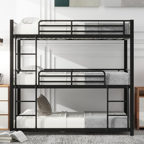 Hochbett 90x200 cm, Metallbett Bettgestell 90x200, Rausfallschutz Bett Kinder, Bettrahmen mit Lattenroste aus Metall, Dreifach-Etagenbett für Kinder, Jugendliche und Erwachsene, Schwarz