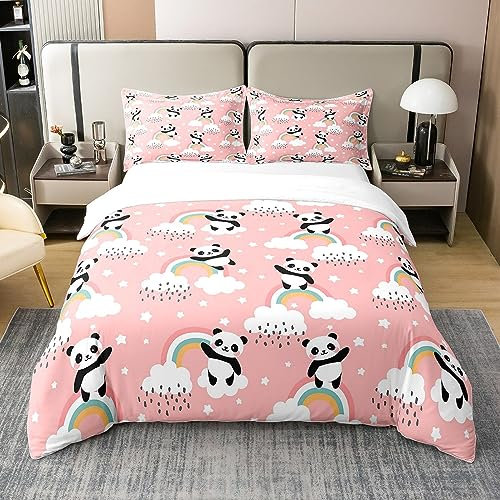 Homewish 100% Coton Biologique, Housse de Couette 200x200 Panda pour Enfants Garçons Filles, Parure de Lit Panda Arc-en-Ciel, Ensemble de Literie Panda Rose, Housse Couette Étoiles Kawaii
