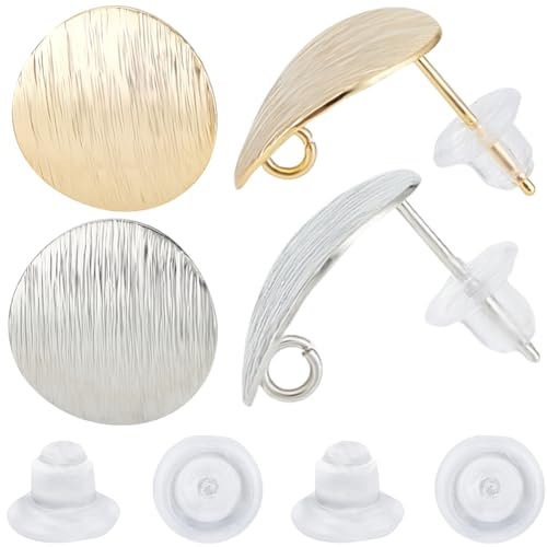 Beebeecraft 1 Scatola 20 Pezzi 2 Colori Orecchini A Bottone Piatti Rotondi Orecchini A Bottone Ovali Lisci Placcati In Oro 18K e Platino con Anello e 20 Pezzi Dadi per Orecchie per Orecchini Fai Da Te