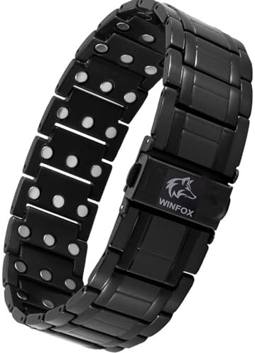 Bracelet Magnetique Homme PREMIUM, Titane, Le Plus Puissant du marché, Bijou Aimanté Inoxydable, Ultra Résistant, Aimant en Néodyme de Terre Rare, Réglage Outil de Dimensionnement, WINFOX777 (noir)