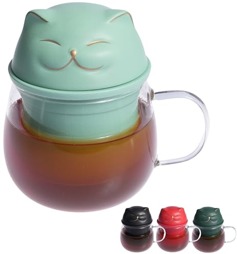Kicura Glas-Teetasse mit Sieb und Deckel - Katzen-Design - 420ml - Für lose Tee & Kräuter - Geschenkidee für Teeliebhaber - Mintgrün