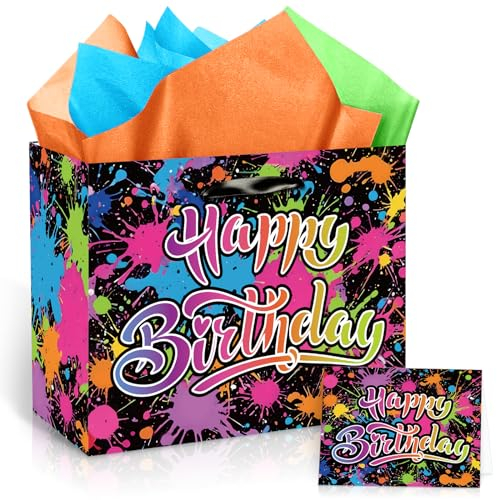 Wayyogh Neonleuchtende Partygeschenktüten für Geburtstag, große neonfarbene Happy Birthday-Taschen mit Karte, Seidenpapier, Geschenkpapier für Männer und Frauen, Geburtstag, Neonfarben, leuchtet im