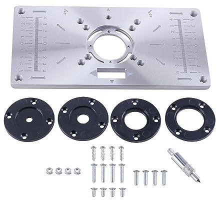 ONLISUM Piastra per fresatura superiore in alluminio, piastra per router con 4 anelli di inserto in ABS, set di inserti per fresatura superiore per lavorazione del legno ad alta precisione (235 mm x