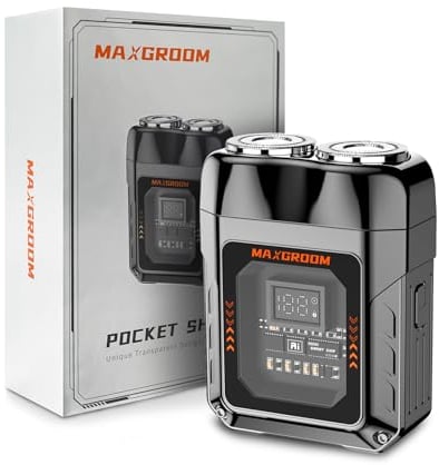 MAXGROOM Mini Rasierer Herren, Elektrischer Rasierer, Nass- und Trockenrasierer, tragbarer Herrenbart mit digitalem LED-Display, wiederaufladbar, Typ C, magnetische Schneidköpfe (Schwarz)