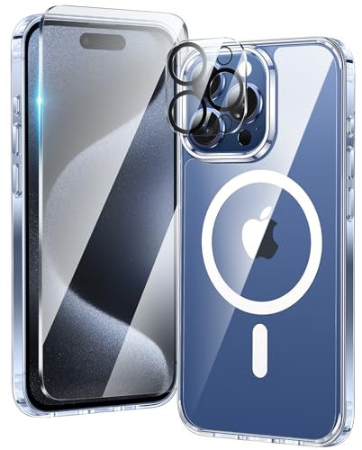 FNTCASE für iPhone 15-Pro-Max Klar Hülle: Handyhülle Magnetische Militär Fallschutz Anti Vergilbung Handyhülle - Robuste langlebige stoßfeste Schutzhülle 6,7 Zoll (Klar)