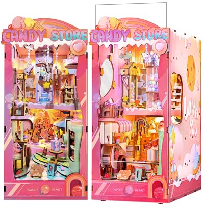 RONSTONE DIY Book Nook Kit - Süßwarenladen Puppenhäuser mit Staubschutzhülle - Mini Booknooks Puppenhaus mit Led Licht - 3D Holz Puzzles Kreatives Geschenk für Erwachsene 14+
