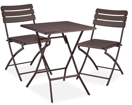 Relaxdays Balkonmöbel Set, 3-teilig, 1 Tisch & 2 Stühle, klappbar, Gartengarnitur Holzoptik, Stahl & Kunststoff, braun