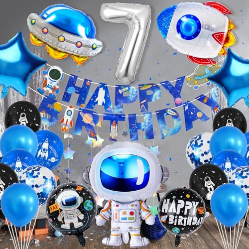Hierein Weltraum Geburtstagsdeko 7 Jahre, XXL Astronaut Ballons Deko Geburtstag, 25 Stück Space Luftballons Kindergeburtstag Deko für 7 Jahre Junge, Weltraum Party Geburtstag Deko